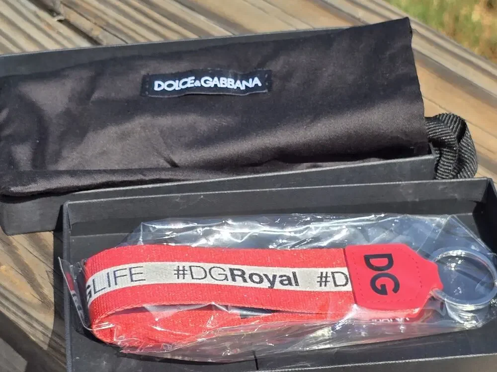 NIB Dolce & Gabbana Red Logo Polyester Silver Brass Holder Keychain Keyring
